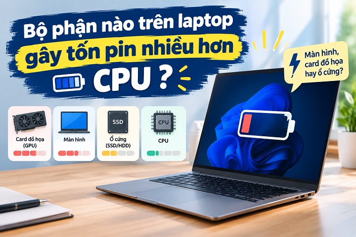 Bộ phận nào trên laptop gây tốn pin nhiều hơn CPU